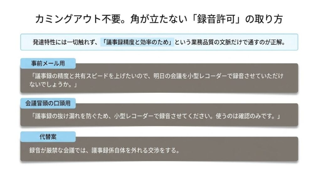 「議事録精度のため」を切り口にすれば角が立たず仕事熱心に映る