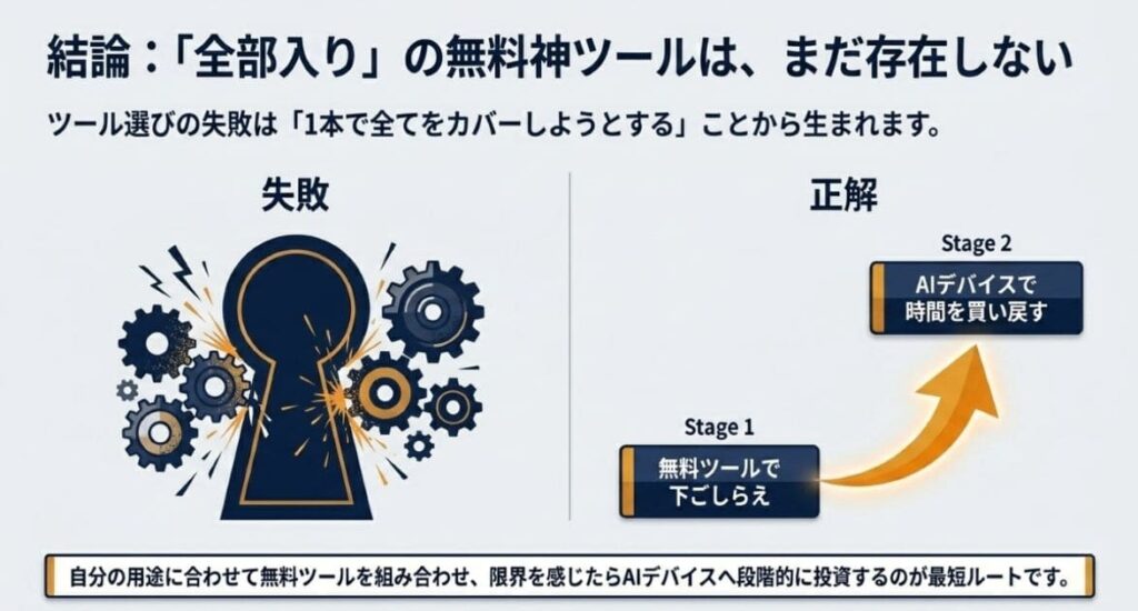 【結論】AI文字起こし無料おすすめ高精度は「用途別に選ぶ」が正解