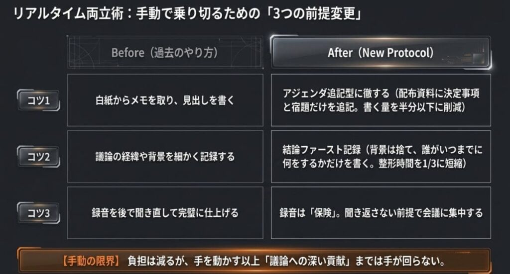 会議中の立ち回り3つのコツ【1人で議事録と会議を両立するリアルタイム両立術】