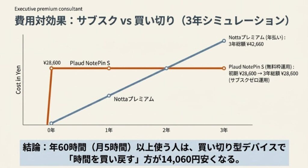 サブスク vs 買い切り──会議の文字起こし自動おすすめの1年／3年トータルコスト比較