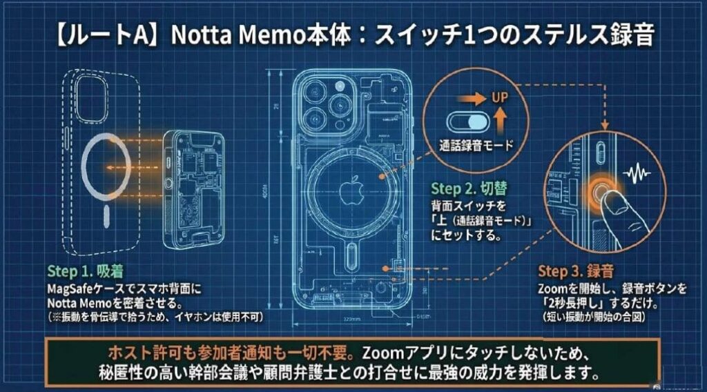 【方法1】Notta Memo本体でZoomを録音する手順！MagSafeとスイッチ1つで完了
