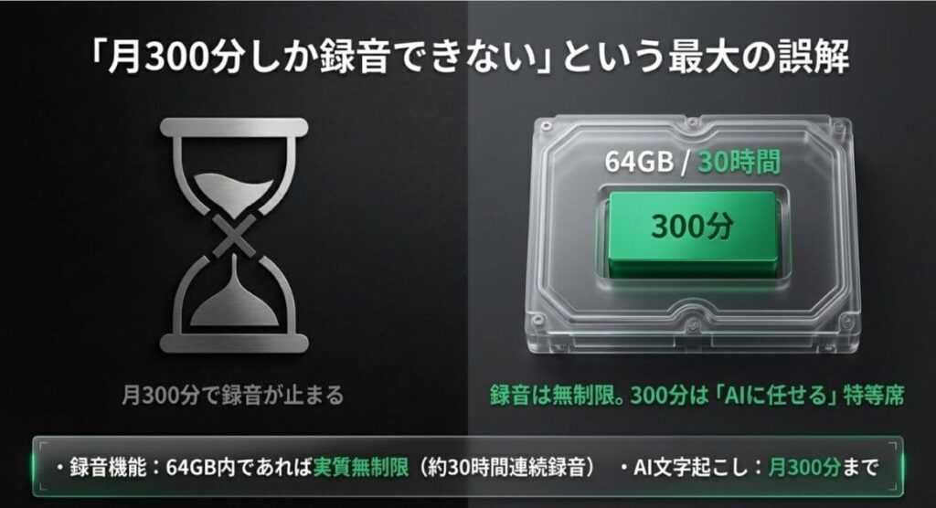 月300分は「録音」ではなく「AI処理」の上限！録音自体はほぼ無制限