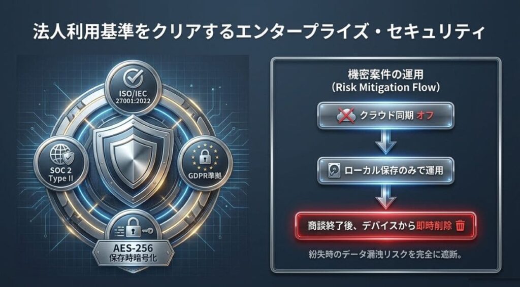 セキュリティ：ISO27001／SOC2／GDPR／AES-256で法人利用にも対応
