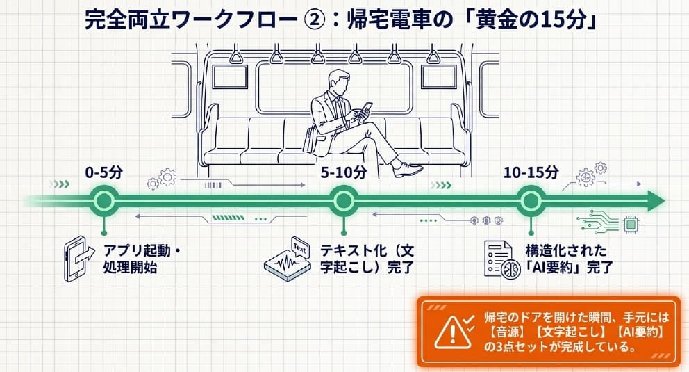 帰宅電車内：AIが文字起こしと要約を自動完了させる15分