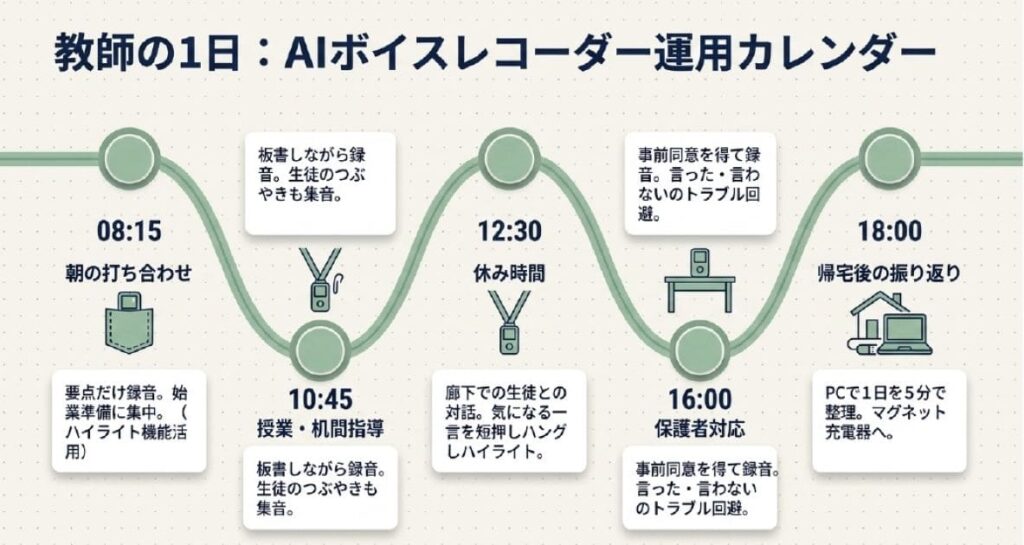 教師が授業録音にAIボイスレコーダーを活用する1日の校務カレンダー