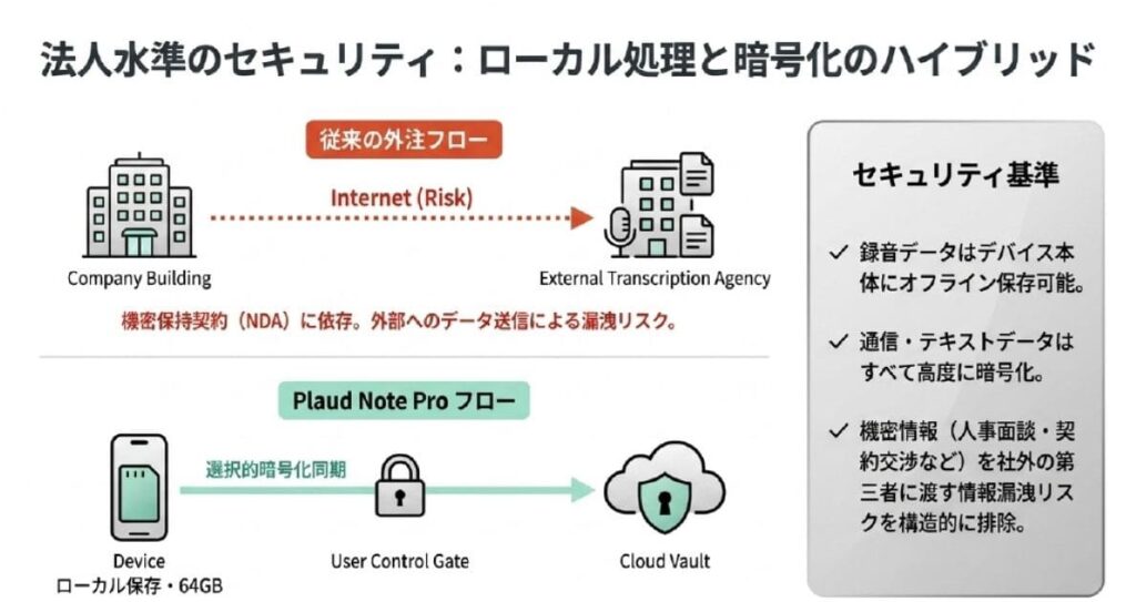 ローカル保存64GB+暗号化で機密録音も安心