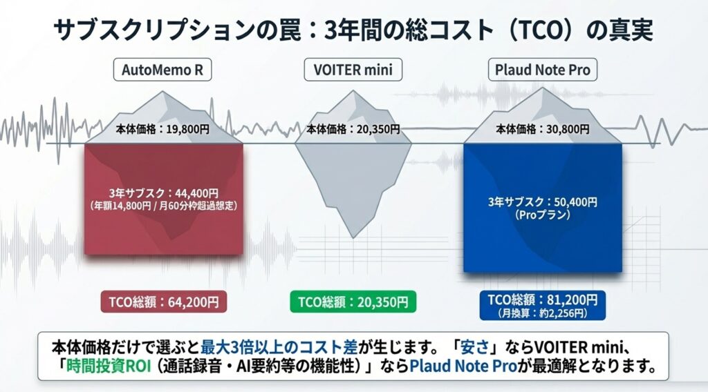 文字起こしボイスレコーダーの3年間の総コスト比較【本体＋サブスク】