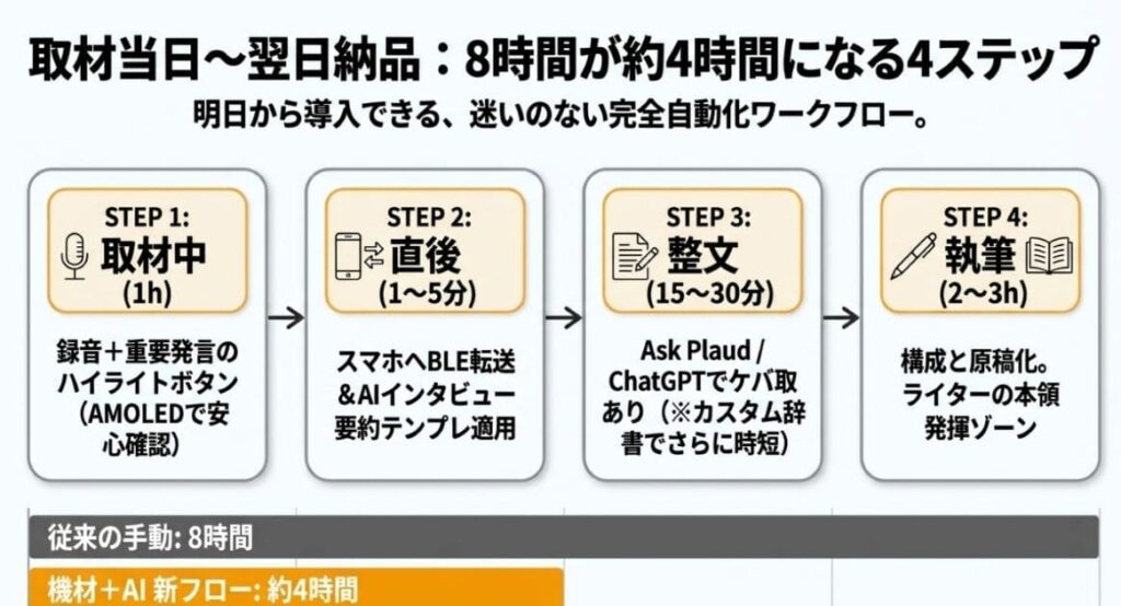 インタビュー文字起こし自動化のワークフロー4ステップ！取材当日→翌日納品まで