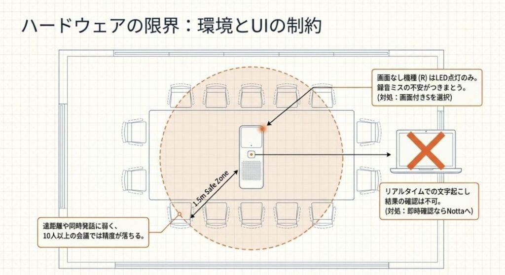 デメリット3. 大人数・騒音環境で文字起こし精度が落ちる