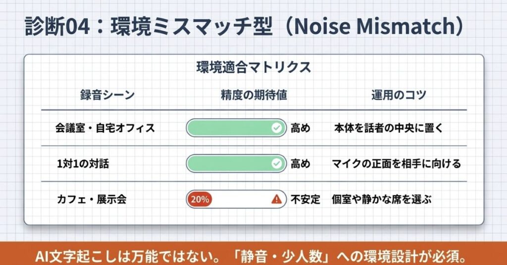 雑音で精度が崩れた「環境ミスマッチ型」の声