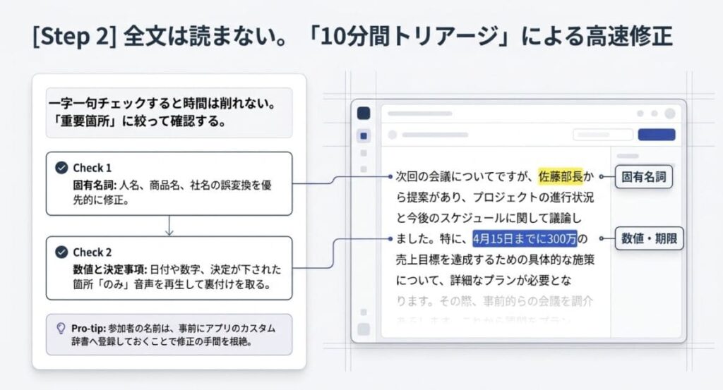 ステップ2：文字起こし後の「効率的なテキスト確認」テクニック