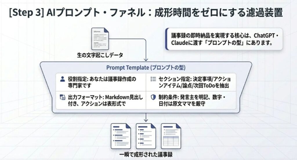ステップ3：AI要約ツールと組み合わせた議事録フォーマット成形