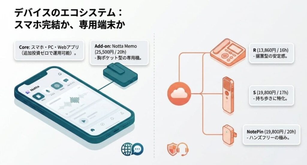 ハードウェアラインナップ比較（R/S/NotePin vs Notta Memo）