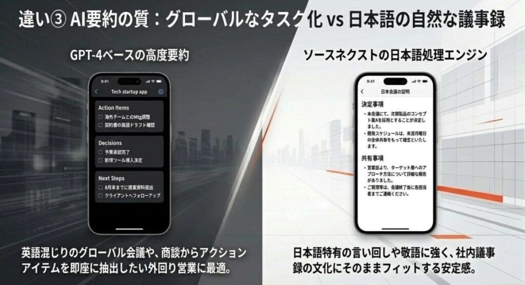 違い③：AI要約の質｜Plaud（GPT-4系）vs AutoMemo（日本語処理）
