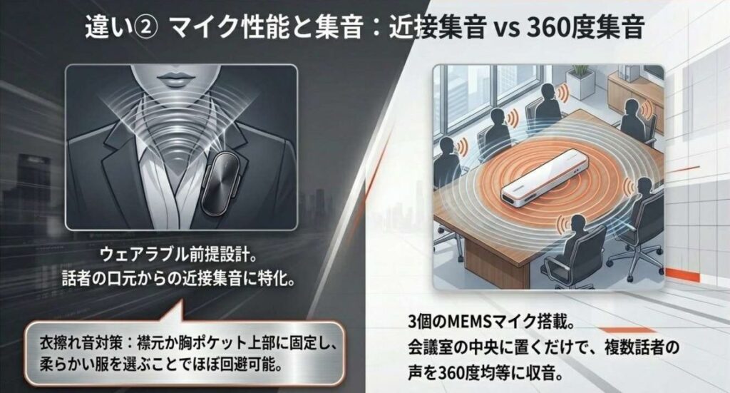 違い②：マイク性能と集音シーン｜衣擦れ音 vs 卓上集音