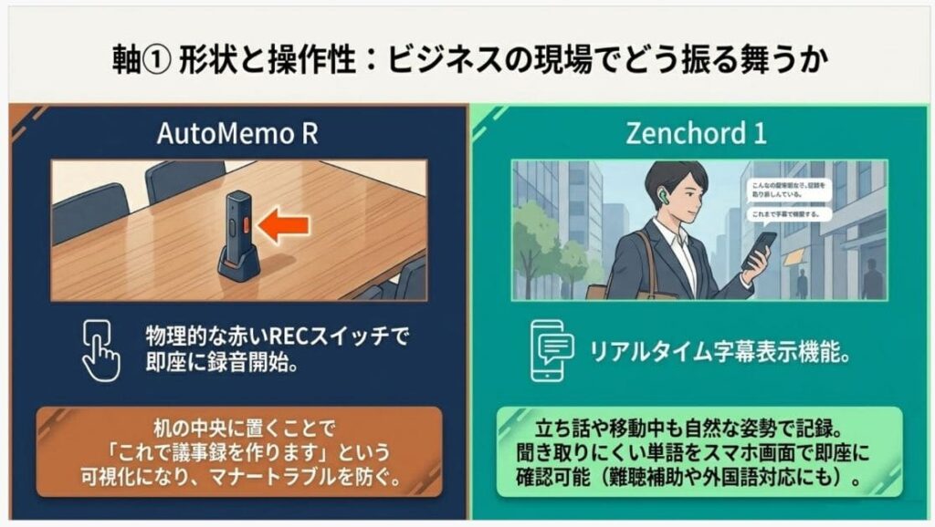 違い①：ハードウェア形状｜スティック型R vs イヤホン型Zenchord 1