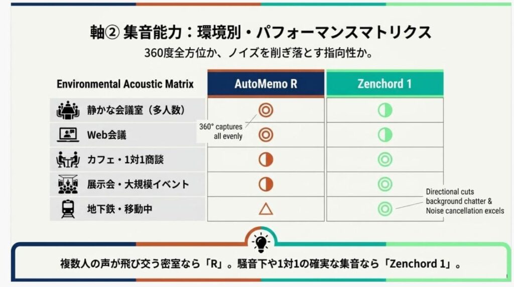 違い②：集音能力｜360度集音R vs 耳元指向性＋環境音カットZenchord 1