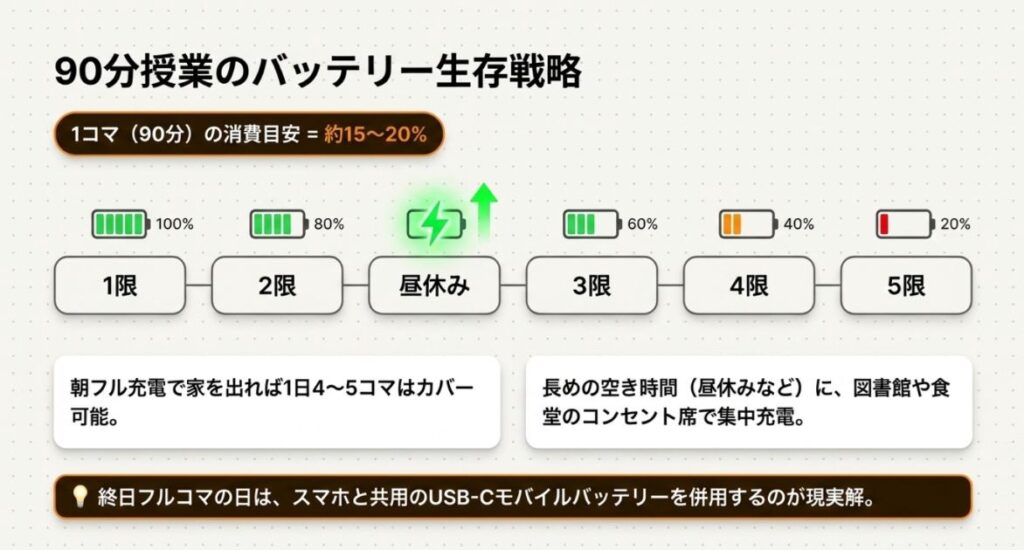 90分授業のバッテリー・容量管理