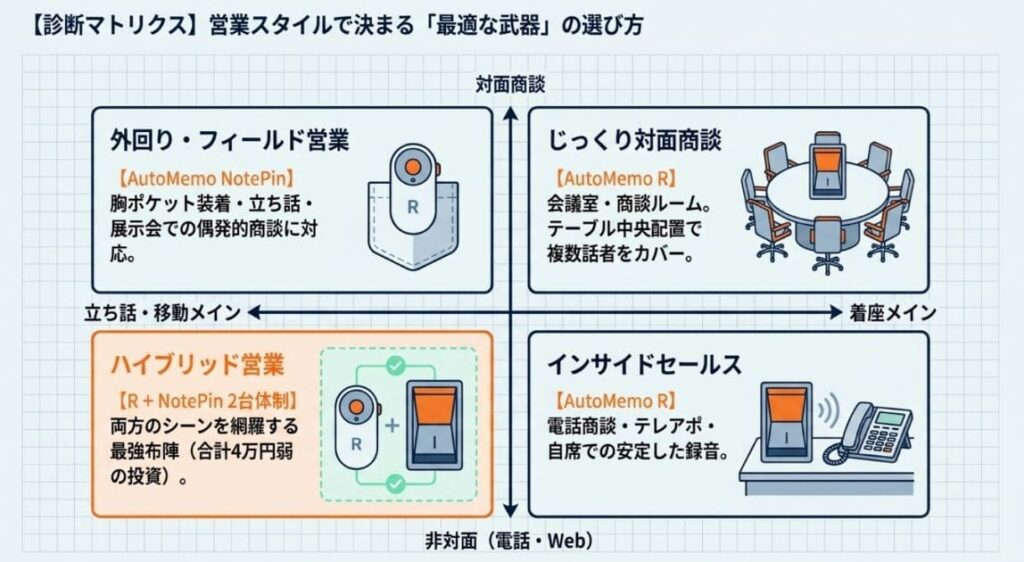 AutoMemo営業活用の全体像｜外回り vs じっくり商談
