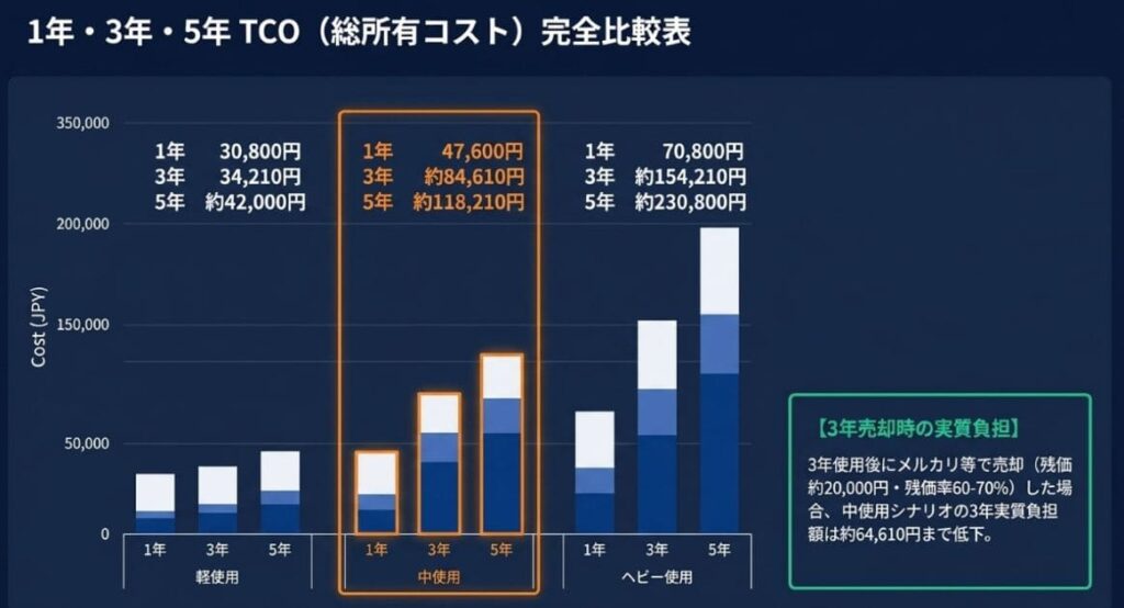 【最重要】1年・3年・5年TCO試算表（軽・中・ヘビー使用）