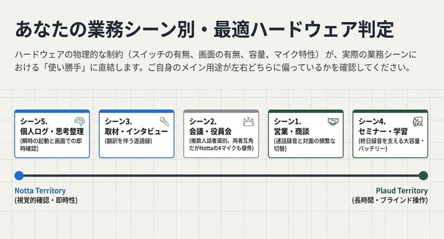 Plaud Note と Notta Memo｜利用シーン別おすすめ判定5パターン