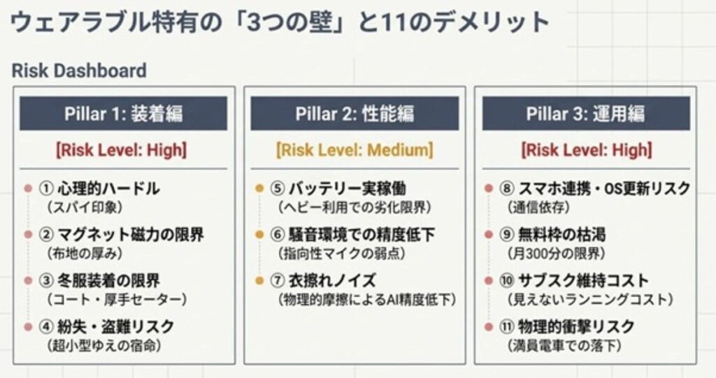ウェアラブル型ゆえの『目立つ・落ちる・服を選ぶ』3大壁
