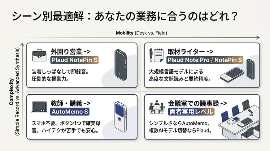 【独自】シーン別の最適解｜営業／会議／取材／講義でどっちを使うか