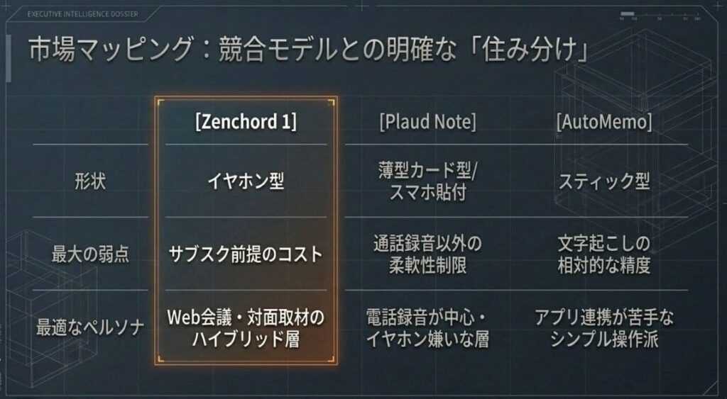 Zenchord 1と競合（Plaud Note・AutoMemo）の比較で住み分けを把握