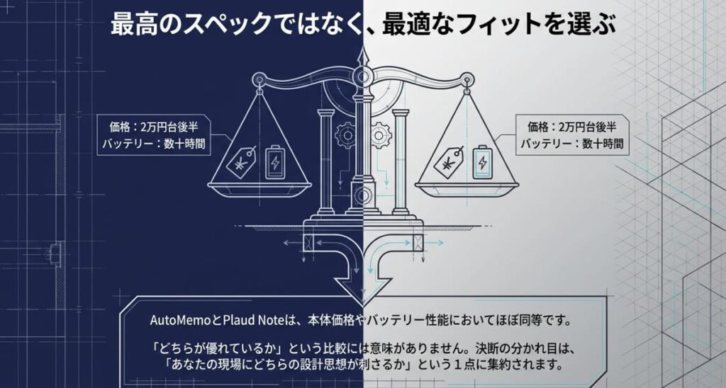 【判断軸1】AutoMemoとPlaud Noteの基本スペック完全比較表