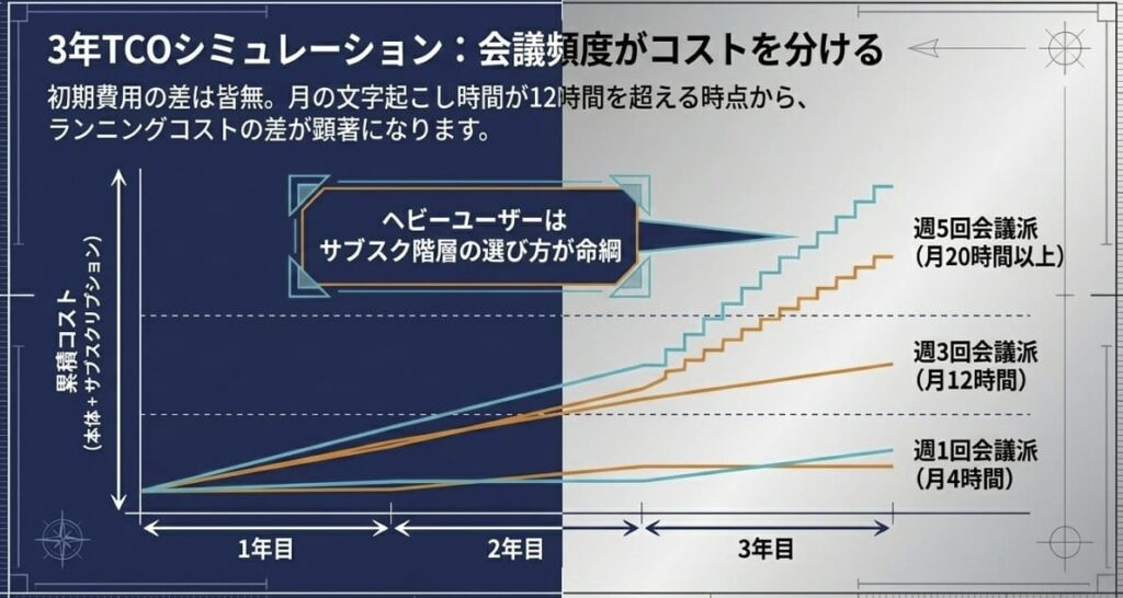 【判断軸4】3年TCO完全シミュレーション：週何回会議でいくら差が出る？