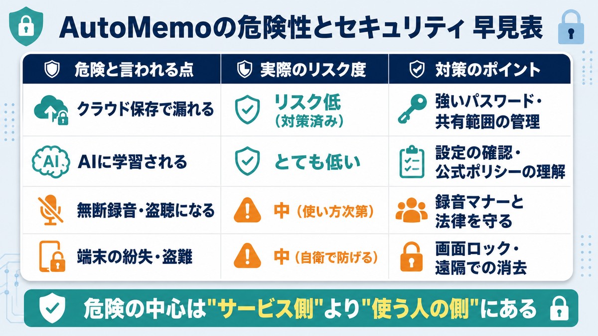 AutoMemoの危険性とセキュリティの早見表（危険と言われる点・実際のリスク度・対策のポイント）
